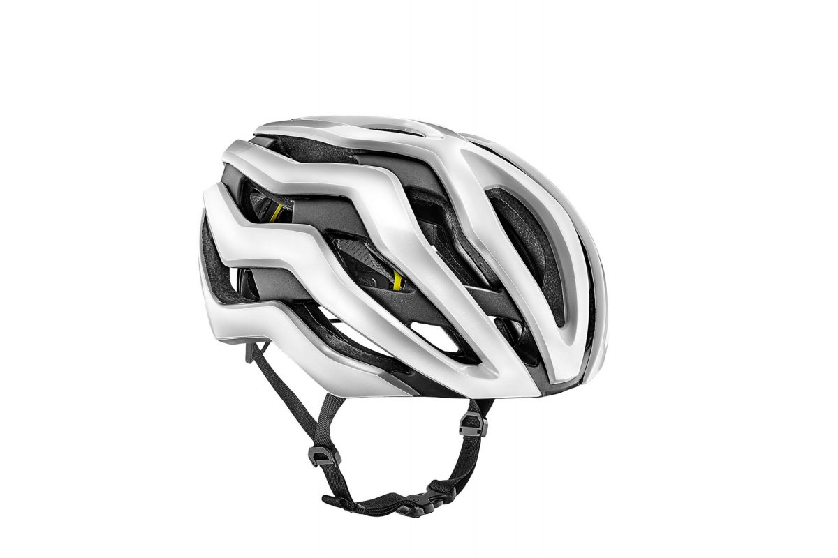 a silver and black bicycle helmet