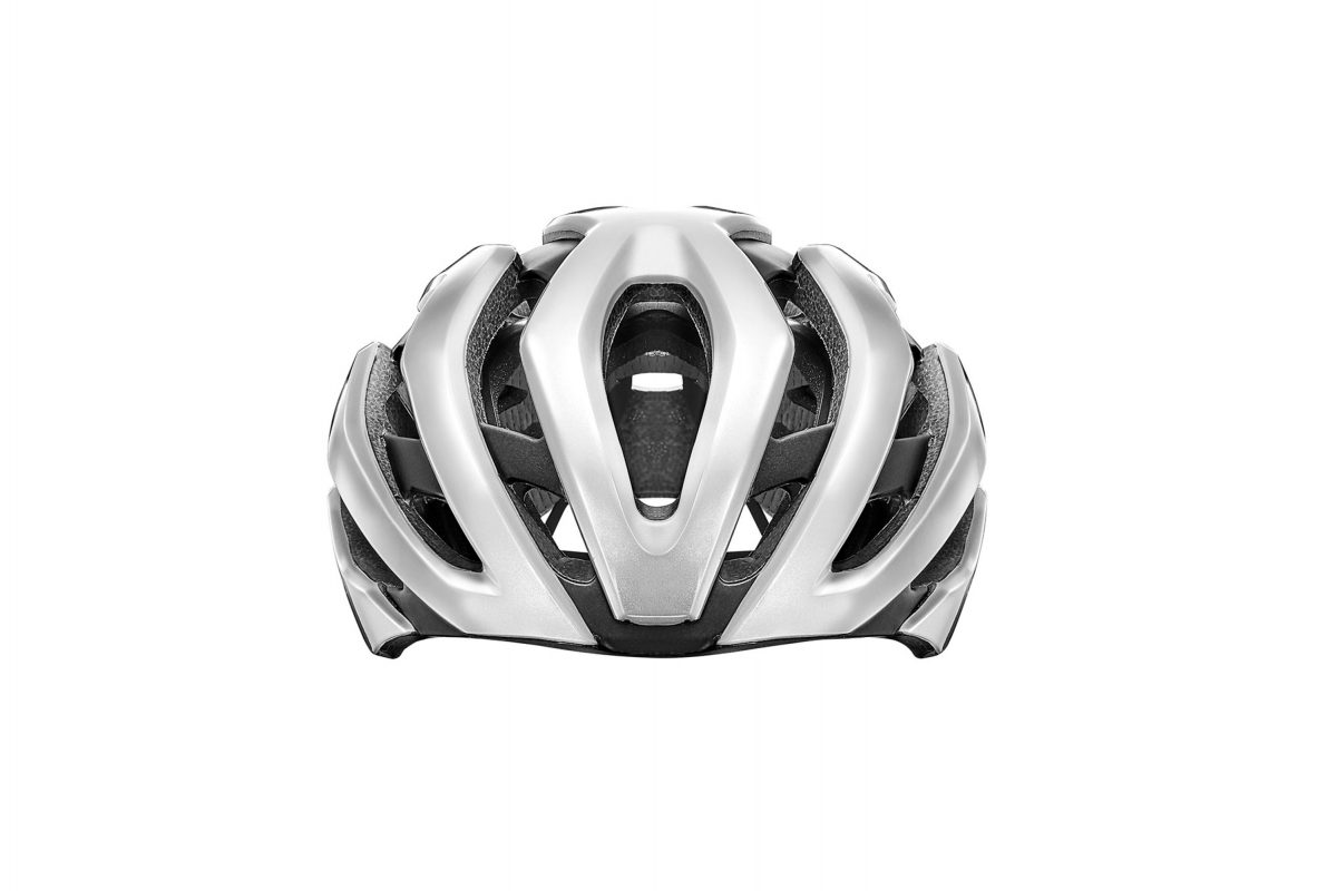 a silver and black bicycle helmet